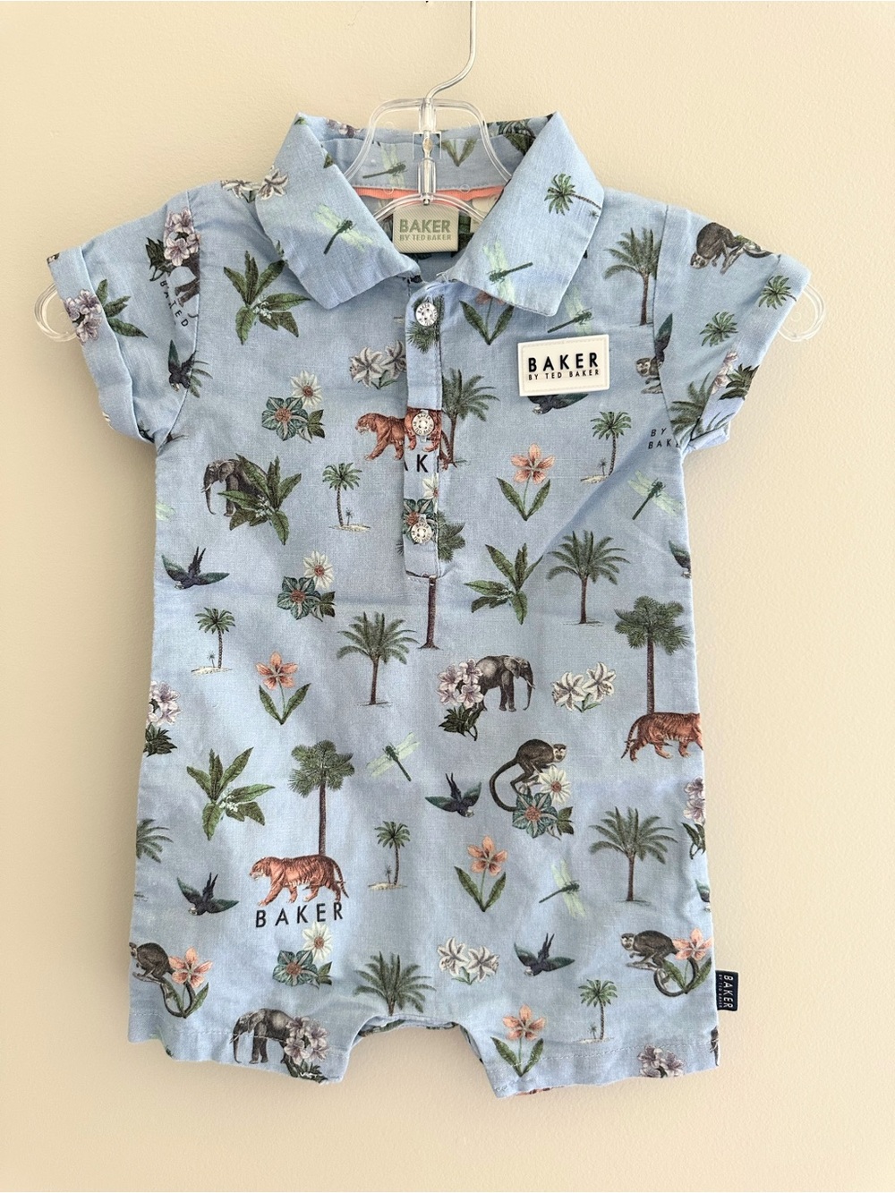Ted Baker Tropical Animal Linen Blend Romper, 6–9M, Light Blue